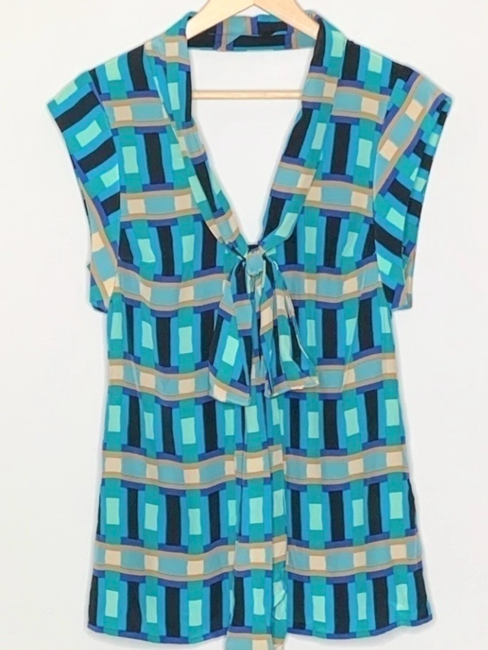Tracy Reese Silk Geometric Blouse Low Back Tie XS Blue